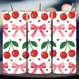 Cherry Bow Valentine 20oz Skinny Tumbler Wrap, Romantic Watercolor Hearts Sublimation Design, Coquette Tumbler PNG, Digital Download
