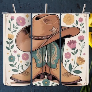Botas de Cowboy do Oeste - Embalagem para Copo PNG | Design de Sublimação para Copo Fino de 20oz | Embalagem para Copo com Cacto e Flores - Download Digital Country Western