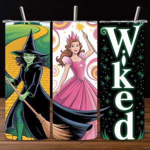 Wicked Witch Tumbler Wrap PNG, Pink and Green 20oz Skinny Tumbler Sublimation, Broadway Musical Tumbler Design, Change for Good Tumbler PNG