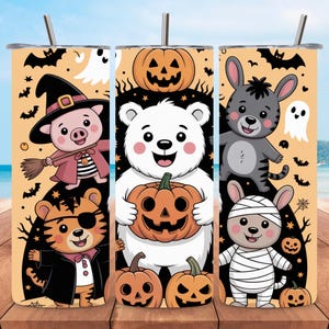 Cartoon Bear Halloween Tumbler Wrap 20oz Skinny, Trick or Treat Bear Tumbler PNG, Cute Halloween Sublimation Tumbler Design Digital Download