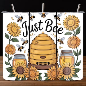 Bee Sunflower Glass Can Wrap PNG, 16oz Just Bee Honey Bee Tumbler Design, Cute Floral Sublimation Glass Cup Wrap, Digital Download&quot;