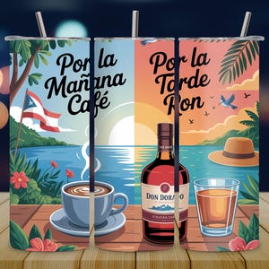 Puerto Rico Coffee Rum Tumbler Wrap PNG, 20oz Skinny Tropical Beach Design, Por La Mañana Café Por La Tarde Ron,Sublimation Digital Download