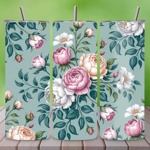 Teal Aqua Floral Tumbler Wrap PNG 20oz Skinny Tumbler Sublimation Design Seamless Flower Wrap for Straight Tapered Tumblers Digital Download