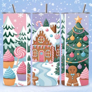 Cute Pastel Gingerbread House Tumbler Wrap PNG, Christmas 20oz Skinny Straight Tumbler Sublimation Design Seamless Holiday Cup Wrap Digital
