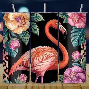 Flamingo Floral Tumbler Wrap PNG, 20 oz Skinny Tumbler Sublimation Design, Summer Floral PNG, Instant Digital Download Includes 8 Free Wraps