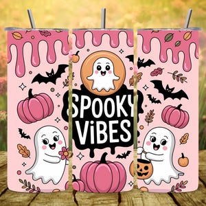 3D Spooky Vibes Tumbler Wrap PNG, Puffy Pumpkin 20oz Skinny Halloween Sublimation Design, 3D Inflated Ghost Tumbler Wrap, Pink Cute Digital