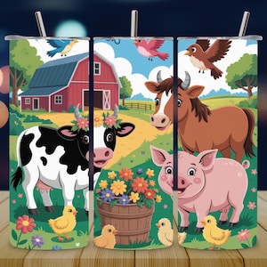 Farm Animals 12oz Kids Flip Top Sippy Cup Tumbler Wrap, Straight 12oz Tumbler Sublimation PNG, Cute Children’s Farm Life Cup Wrap Digital