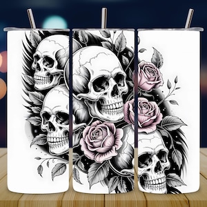 Skull and Roses 20oz Skinny Tumbler Wrap, Black and White Floral Sublimation Design, Gothic Straight Tumbler PNG, Digital Download