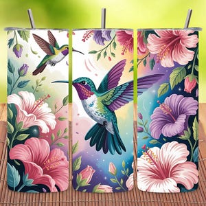Hummingbird Floral Tumbler Wrap PNG, 20oz Skinny Straight & Tapered Sublimation Design, Flower Bird Tumbler Digital Download