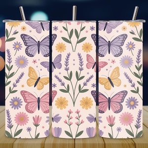 Schmetterlings-Blumenglasdosen-Wrap SVG PNG, 16 Unzen Libbey Cup-Design, Frühlings-Wildblumen-Kaffee-Wrap, Pastell-Schmetterlings-Becherbecher-Sublimation