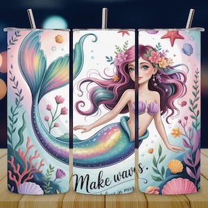 Mermaid 12oz Tumbler Wrap PNG, Pastel Ocean Sublimation Design, Kids Straight Tumbler Wrap, Sippy Cup Flip Top PNG, Digital Download
