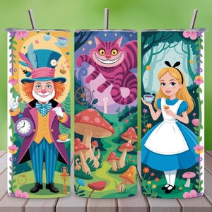 Copo de vidro colorido Alice & Friends 20oz Skinny Tumbler Wrap PNG Wonderland Sublimation Design Fantasy Storybook Cup Wrap Download digital instantâneo