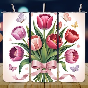 Tulip Bow Tumbler Wrap PNG, Kokette Nahtloses Tumbler Sublimationsdesign, Frühlingsblumen Tumbler Wrap, Tulip Cup PNG, Geschenke für sie Digital