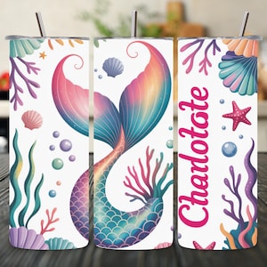 Mermaid 20oz & 12oz Tumbler Wrap PNG, Customizable Kids Sippy Cup or Flip Top, Skinny Sublimation Template Glitter Iridescent Mermaid Design