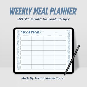 Weekly Meal Plan Printable, Weekly Menu Planner, Breakfast, Lunch, Dinner, & Snack, Instant Download