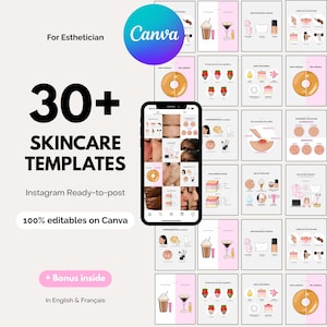 Peut inclure: Image promotionnelle de modèles de soins de la peau. L'image présente un smartphone affichant des visuels de soins de la peau, entouré de diverses illustrations liées aux soins de la peau. Le texte comprend "30+ SKINCARE TEMPLATES" et "100% editables on Canva". Le logo Canva est également visible.