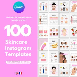 Peut inclure: Un graphique rose avec le logo Canva et le texte "100 Modèles Instagram de Soins de la Peau". Les modèles sont 100% modifiables sur Canva et sont parfaits pour les esthéticiennes et les marques de beauté. L'image comprend des illustrations de soins de la peau.