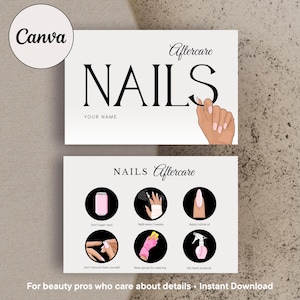 Peut inclure: Une carte blanche avec le mot "NAILS" en grandes lettres noires, avec "Aftercare" au-dessus. La carte comprend également des conseils d'entretien des ongles avec des illustrations et le texte "For beauty pros who care about details • Instant Download."