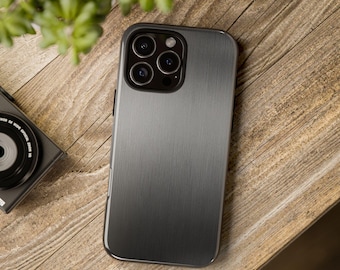 Funda de teléfono con diseño metálico plateado para teléfonos iPhone, Samsung Galaxy y Google Pixel.