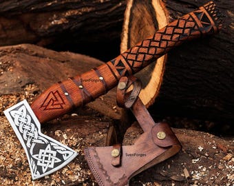 Handforged Viking Axe, Norse symbol Axe, Valknut Axe, Nordic Runes Axe, Forged Camping Axe, Functional Axe, Anniversary gift, Christmas gift