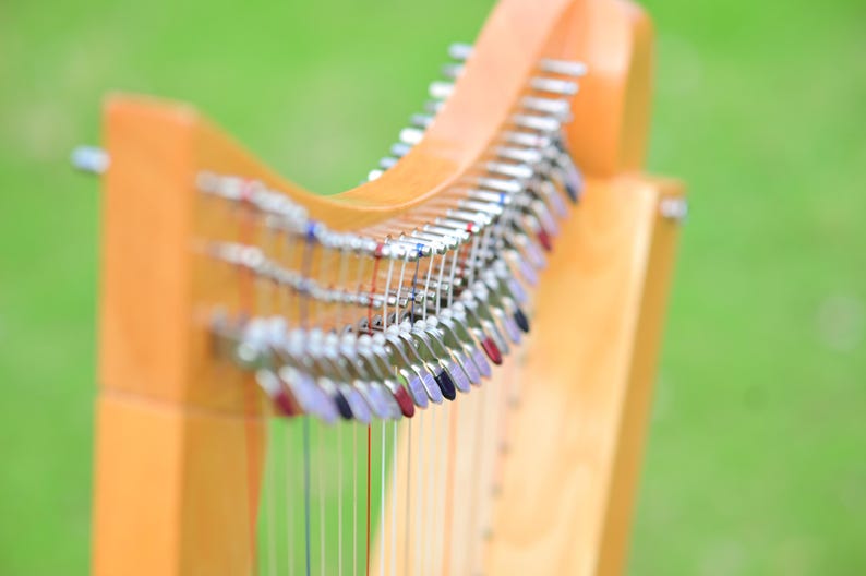 May include: Close-up of a wooden harp with strings. The harp has a light brown finish and silver tuning pegs. The strings are various colors, including red, blue, and green. The background is a blurred green.