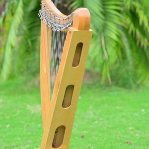 May include: A wooden harp with a light brown finish stands on green grass. The harp has a curved top with metal tuning pegs and numerous strings. The body features three elongated cutouts. The background is blurred with green foliage.