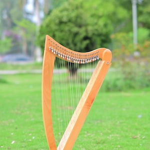 May include: A wooden harp with strings, standing on a grassy lawn. The harp has a light brown finish and a curved top with tuning pegs. The strings are visible, and the background is blurred with green trees.