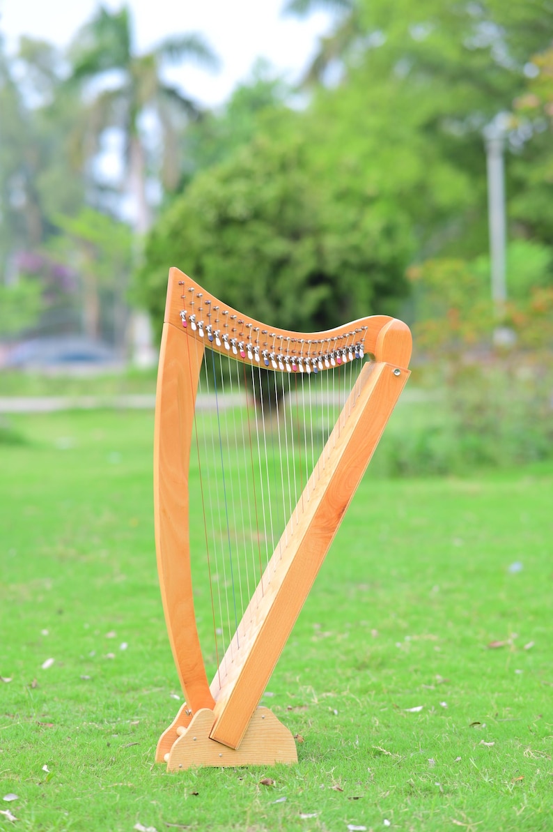 May include: A wooden harp with strings, standing on a grassy lawn. The harp has a light brown finish and a curved top with tuning pegs. The strings are visible, and the background is blurred with green trees.