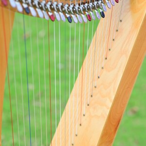 May include: A wooden harp with strings of varying colors. The harp has a light brown finish and is set against a blurred green background. The strings are tightly strung and ready to be played.