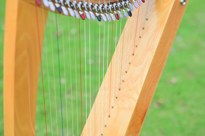 May include: A wooden harp with strings of varying colors. The harp has a light brown finish and is set against a blurred green background. The strings are tightly strung and ready to be played.