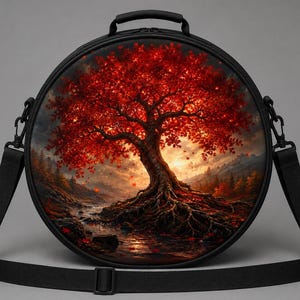 Puede incluir: Un bolso de hombro redondo de color negro con un estampado gráfico de un gran árbol con hojas de otoño de color rojo brillante, raíces expuestas y un arroyo. El bolso incluye un asa superior, una correa de hombro desmontable y cierre de cremallera.