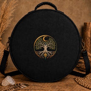 Moonlit Root Compass Embroidered Drum Bag, 5 Color Tree of Life Shamanic Frame Drum Case, Spiritual Celtic Carrying Bag