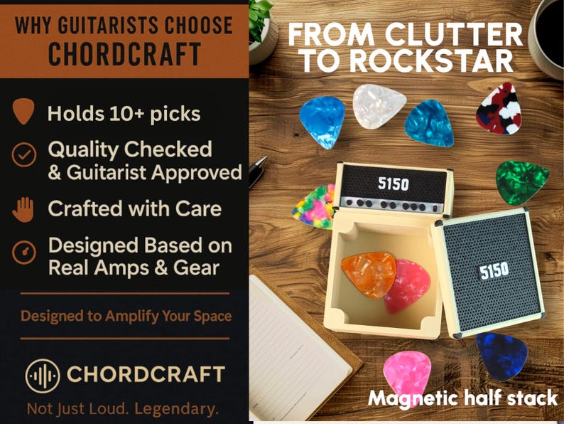 Pode incluir: Uma superf&iacute;cie de madeira exibe um porta-palhetas magn&eacute;tico Chordcraft com o texto "5150". Palhetas de guitarra sortidas em v&aacute;rias cores est&atilde;o espalhadas ao redor do suporte. O texto "From Clutter to Rockstar" tamb&eacute;m &eacute; vis&iacute;vel.
