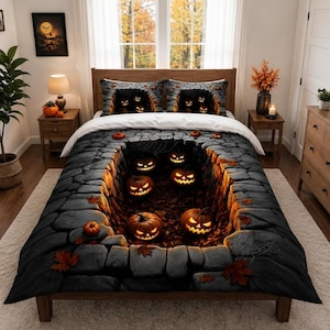 3D-Halloween-Bettwäscheset, gruseliger Kürbis-Bettbezug, leuchtender Jack-o'-Lantern-Bettbezug, gotische Tagesdecke, Geschenkidee für die Herbst-Schlafzimmerdeko