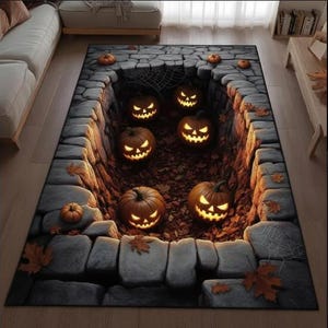 Halloween-Themed Area Rug with Spooky Pumpkin Design, Halloween Area Rug, 3D Illusion Rug, Halloween Pumpkin Area Rug, Printed 3D Effect,