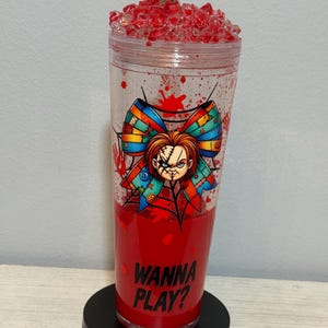 Scary Buddy, Scary Doll, Snow Globe Lava 24 oz Tumbler, Plastic Snow Globe, Fake Ice Lid