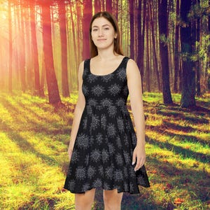 Gothic Flower Women's Skater Dress, Halloween Witchy Midi Dress, Dark Floral Goth Alternative Fashion Occult Clothing