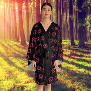 Floral Pattern Witchy Kimono Robe with Spooky Halloween Details, Long Sleeve Mystic Cover Up, Elegant Dressing Gown