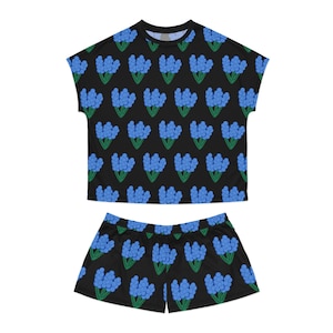 Short Pajama Set Blue Floral Womens Loungewear Soft Nightwear Gift PJs with Matching Bonnet Design