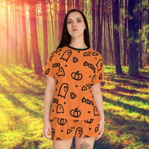 Women&#39;s Pajama Set, Halloween Ghost and Pumpkin Sleepwear, Cute Matching PJs, Spooky Nightwear, Holiday Loungewear