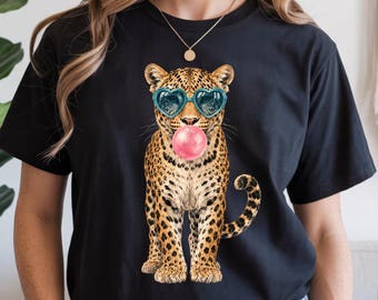 Leopard Bubblegum Sonnenbrillen T-Shirt Süßes Tier Print Tee