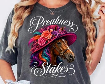 Preakness Stakes Shirt, Derby Pferd Blumenhut T-Shirt, Kentucky Pferderennen Shirt, buntes Derby Day Grafik T-Shirt, Renntag Geschenk