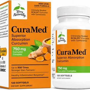 May include: An orange box and a white bottle of CuraMed dietary supplement. The box features the text "Superior Absorption Curcumin" and "750 mg Curcumin Complex". The bottle also displays "750 mg Curcumin Complex" and "120 Softgels".