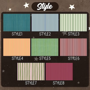 Pu&ograve; includere: Un'immagine che mostra otto diversi motivi a righe, etichettati da "STYLE1" a "STYLE8". I motivi presentano varie combinazioni di colori, tra cui verde acqua, blu, verde, arancione e rosso, con strisce bianche. La parola "Style" &egrave; scritta in alto.
