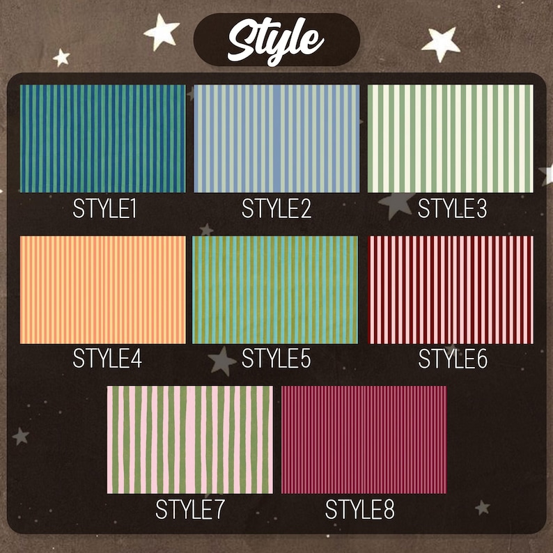 Pu&ograve; includere: Un'immagine che mostra otto diversi motivi a righe, etichettati da "STYLE1" a "STYLE8". I motivi presentano varie combinazioni di colori, tra cui verde acqua, blu, verde, arancione e rosso, con strisce bianche. La parola "Style" &egrave; scritta in alto.