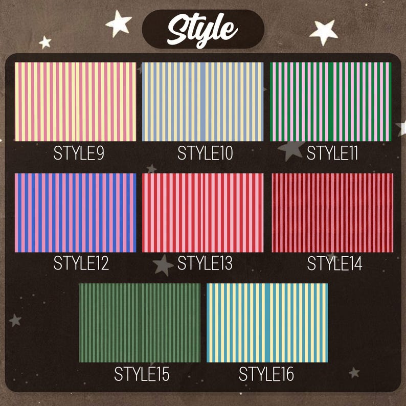 Pu&ograve; includere: Una collezione di campioni di tessuto a righe verticali in varie combinazioni di colori. I campioni sono etichettati con la parola "Style" e numerati da 9 a 16. I colori includono rosa, blu, verde e rosso.