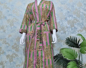 Bold Tiger Print Kimono Robe – Pink & Green Striped Long Cotton Loungewear | Boho Animal Print Dressing Gown with Belt | Statement Maxi Robe
