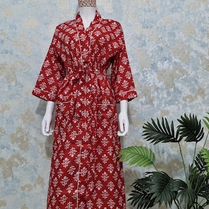 Hand Block Printed Red Cotton Kimono Robe – Floral Loungewear Bathrobe with Belt | Boho Spa Dressing Gown for Women | Indian Cotton Robe