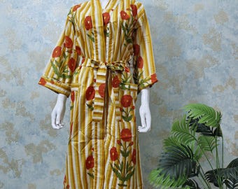 Handmade Cotton Kimono Robe – Yellow Striped Floral Block Print Loungewear | Boho Dressing Gown with Belt | Summer Bathrobe for Women