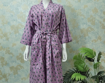 Handmade Floral Cotton Kimono Robe | Boho Striped Loungewear with Belt | Lightweight Long Dressing Gown for Women | Block Print Kaftan Robe